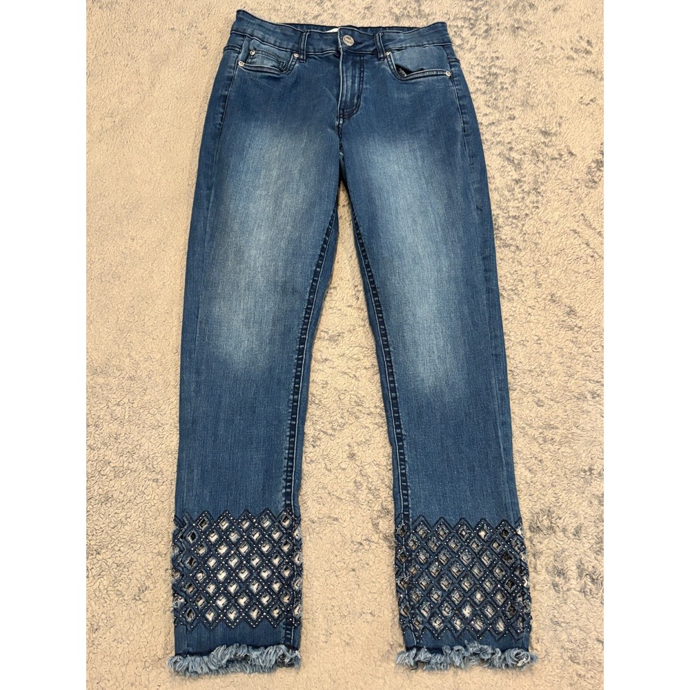 Carreli Jeans Womens 0/26 Embellished Cuffs Angela Fit Skinny Stretch Blue Denim
